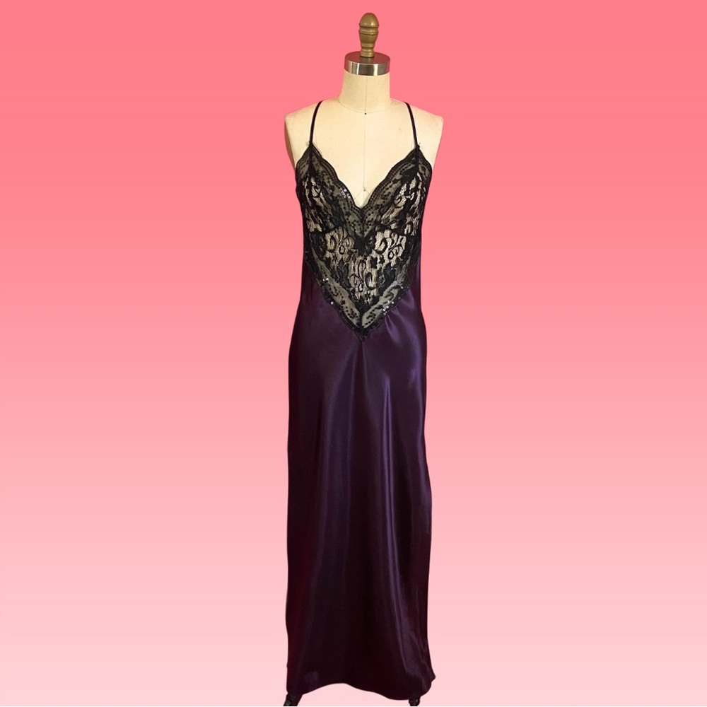 Vintage Y2K Stunning Fairy Goth Lace Low Back Thigh Slit Satin Maxi Slip Dress S
